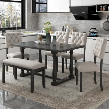 גארי 6 חלקים שולחן אוכל, כיסא עם סט מיוחד בצורת רגלי קצף מכוסה גב המושב&כריות,עבור ריהוט חדר האוכל